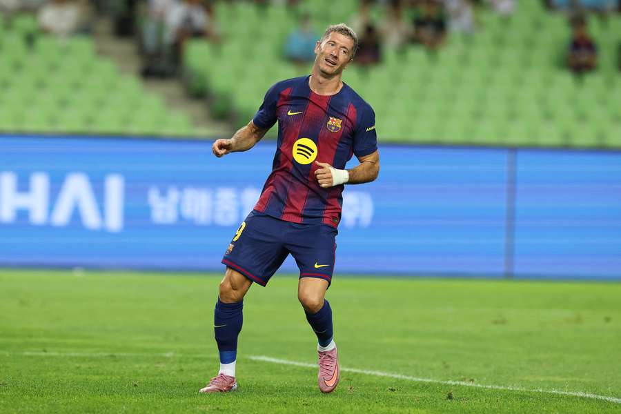 Robert Lewandowski after scoring his side's second goal during the pre-season friendly between FC Barcelona and Daegu FC 