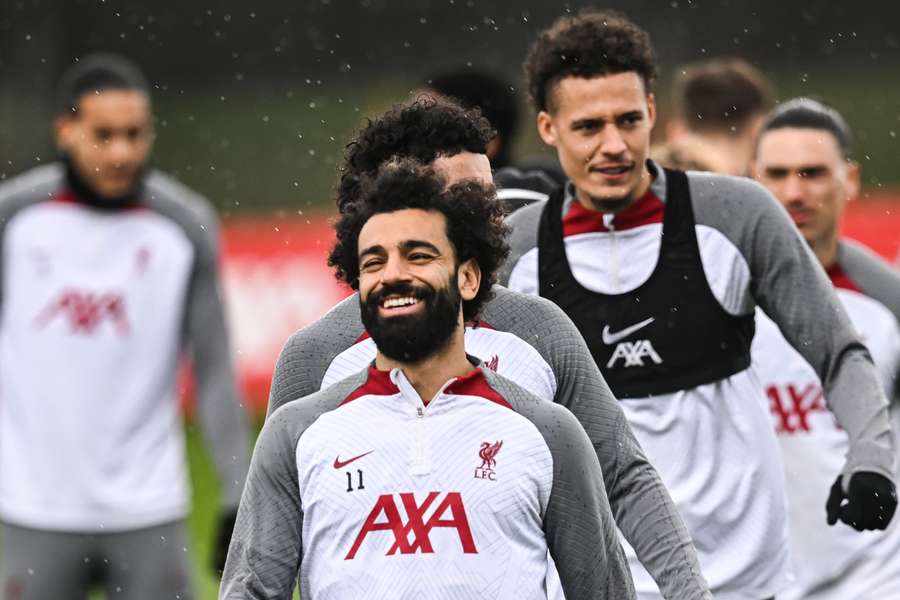 Gute Laune bei Mo Salah im Training am Vortag des Rückspiels. Gute Laune bei Mo Salah im Training am Vortag des Rückspiels.