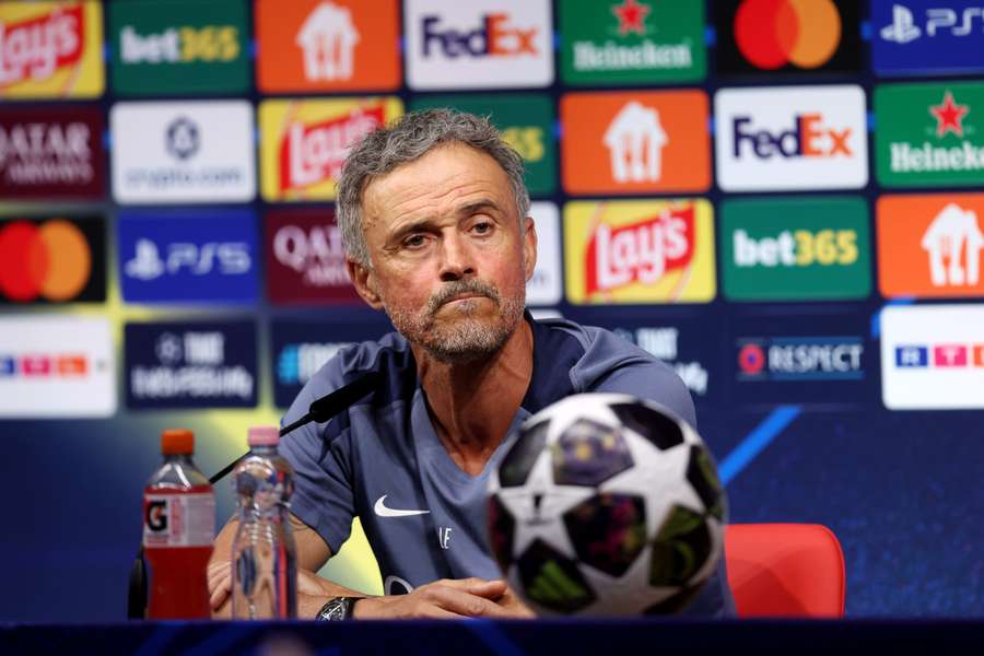 Luis Enrique speaking at the press conference in Budapest.