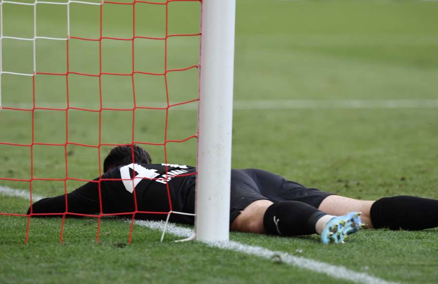 Heidenheim goalkeeper Diant Ramaj reacts after scoring an own goal in last minute