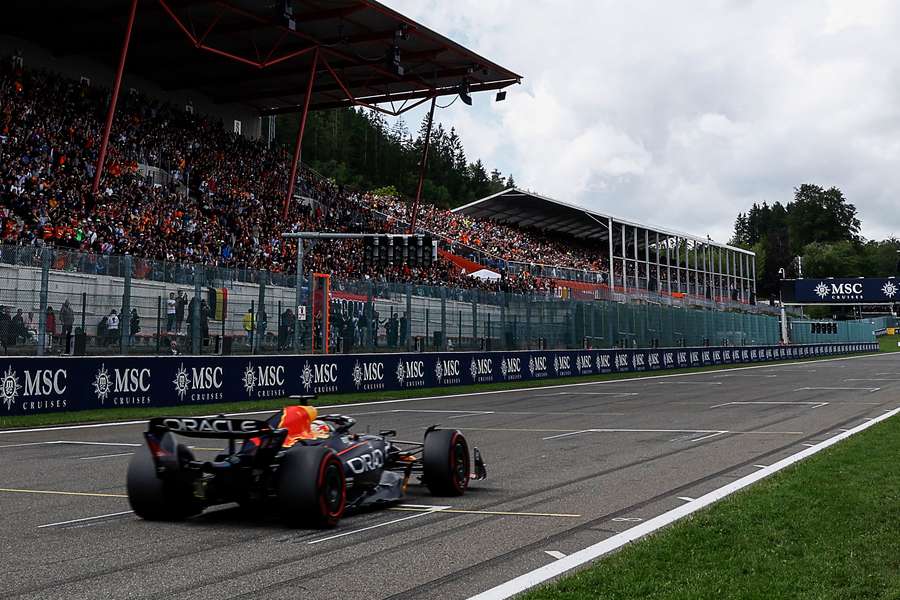 Red Bull's Max Verstappen crosses the finish line to win the Belgian Grand Prix