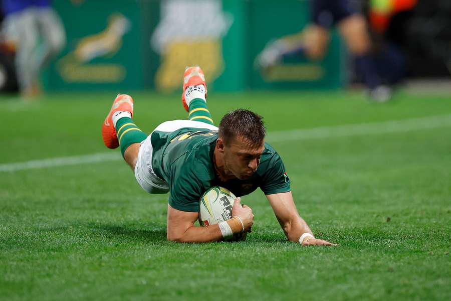 South Africa flyhalf Handre Pollard scores a try against Georgia earlier this year. 