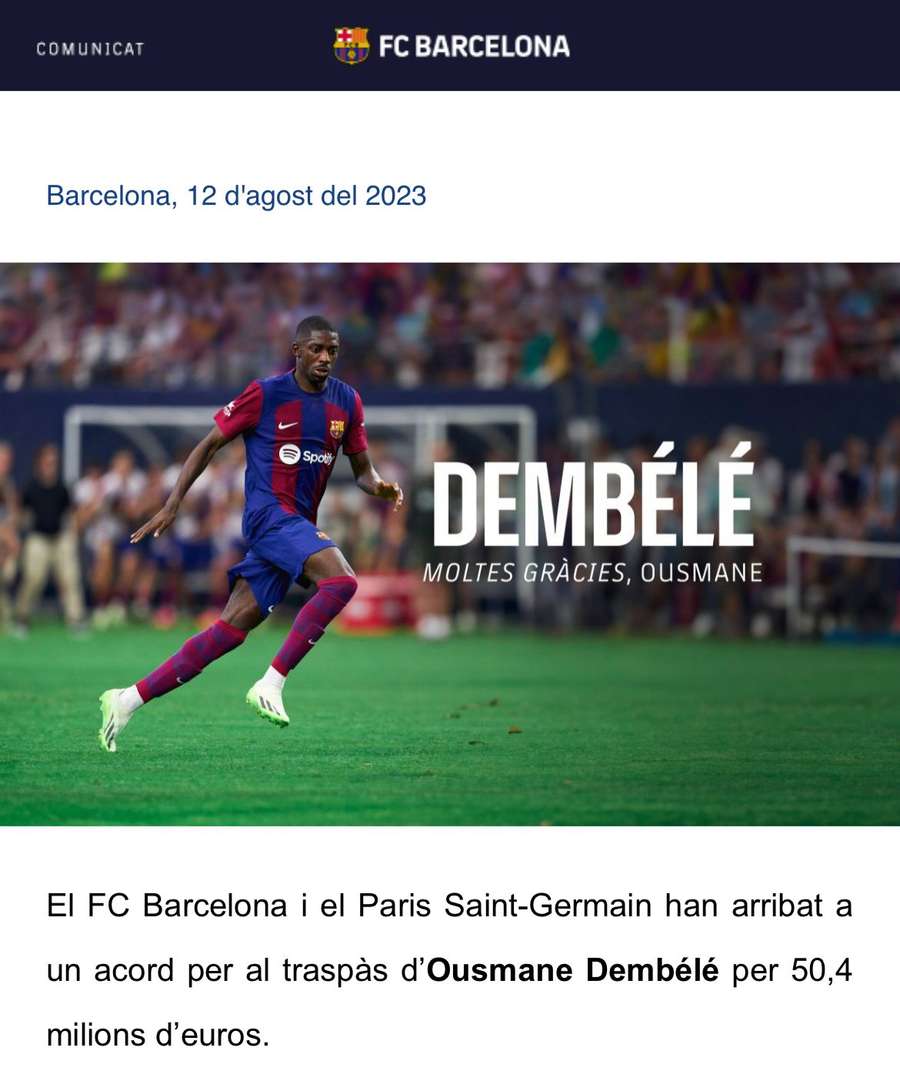Primeira declaração do Barcelona após a venda de Dembélé