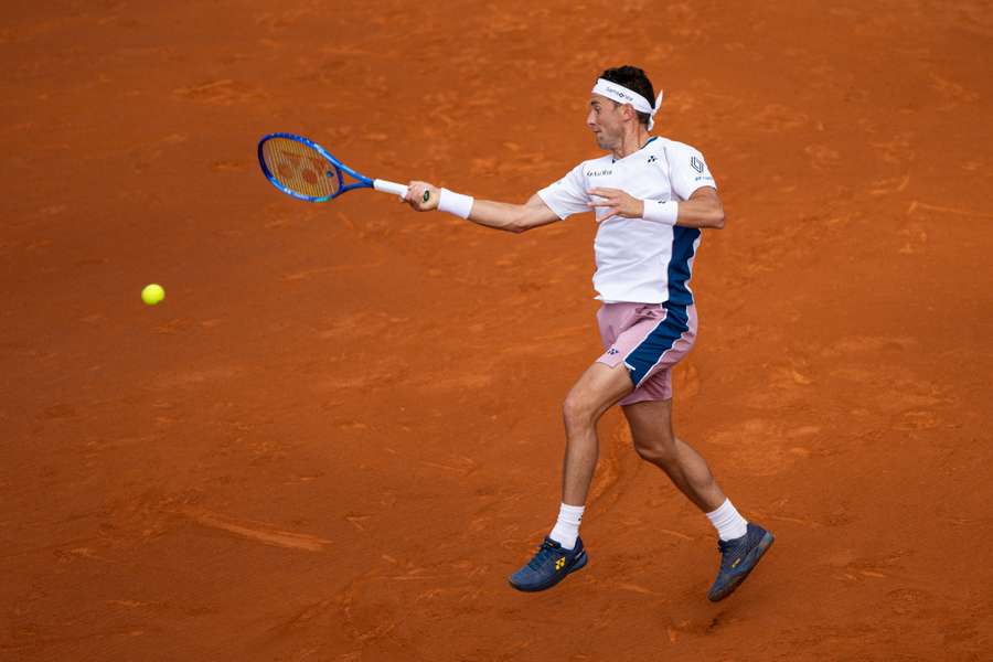 Casper Ruud of Norway plays a forehand against Hamad Medjedovic of Serbia during the Barcelona Open