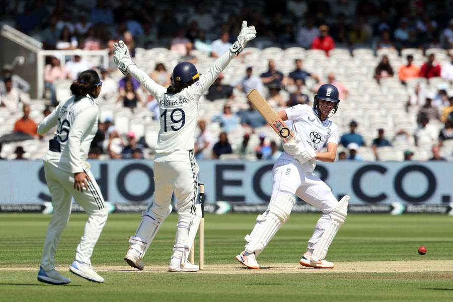 India's Yastika Bhatia appeals unsuccessfully for the wicket of England's Lauren Filer