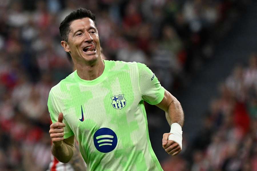 Barcelona's Polish forward #09 Robert Lewandowski celebrates scoring his second goal 