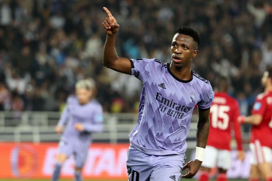 Vinicius Jr celebrates scoring in the Club World Cup semi-final