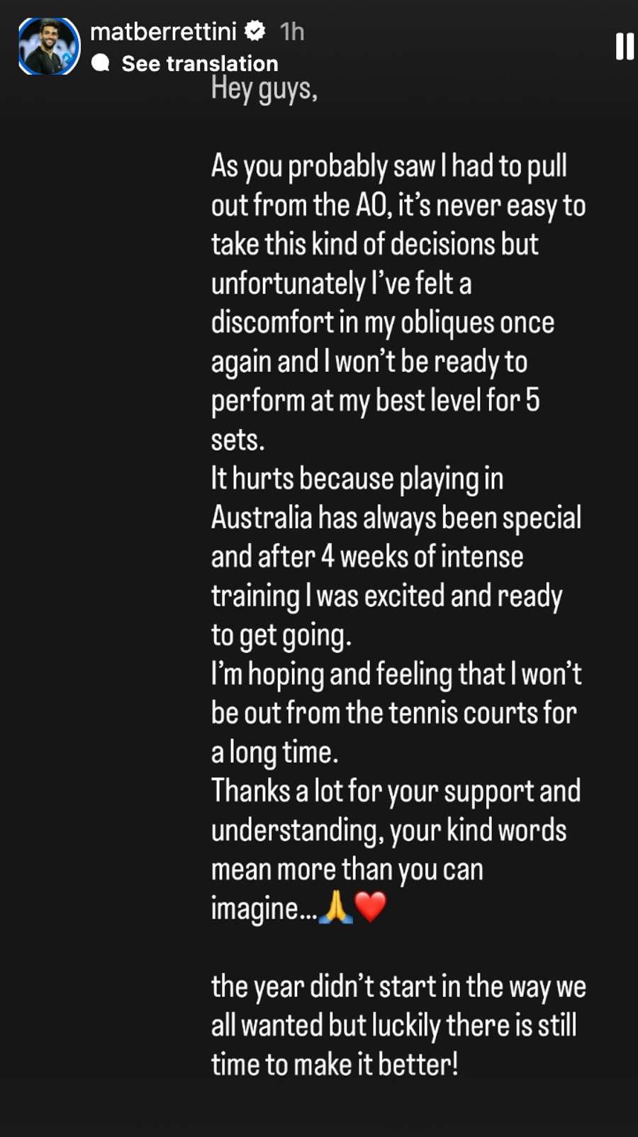 La storia di Berrettini su Instagram