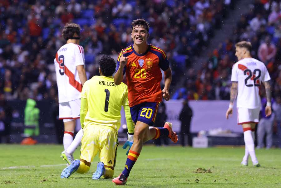 Pedri célèbre son but lors de la victoire 3-1 de l'Espagne contre le Pérou en match amical, le 8 juin 2026 à Puebla, au Mexique. Pedri célèbre son but lors de la victoire 3-1 de l'Espagne contre le Pérou en match amical, le 8 juin 2026 à Puebla, au Mexique.