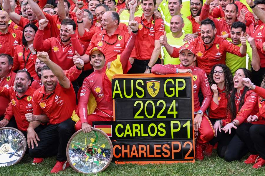 The Ferrari team celebrate a masterful one-two at the Australian Grand Prix