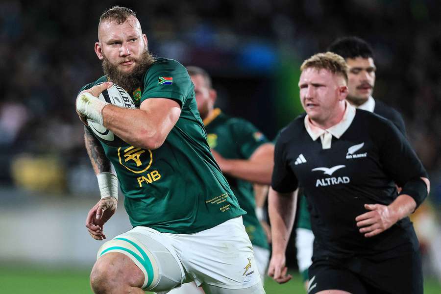 South Africa's RG Snyman attacks the line against New Zealand last round. 