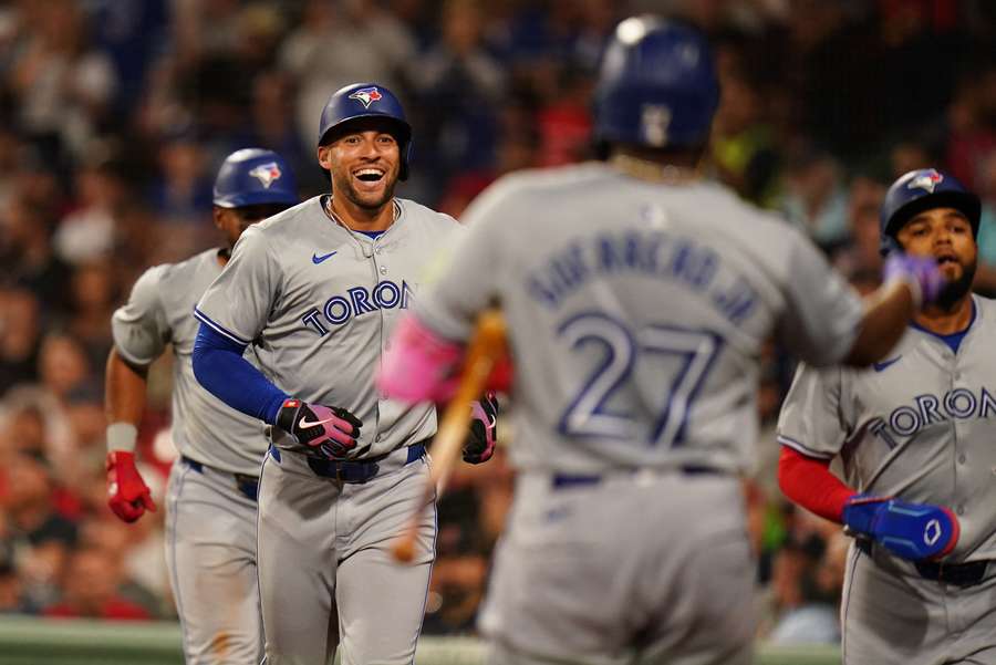 Toronto Blue Jays right fielder George Springer reacts after hitting a three-run home run against the Boston Red Sox