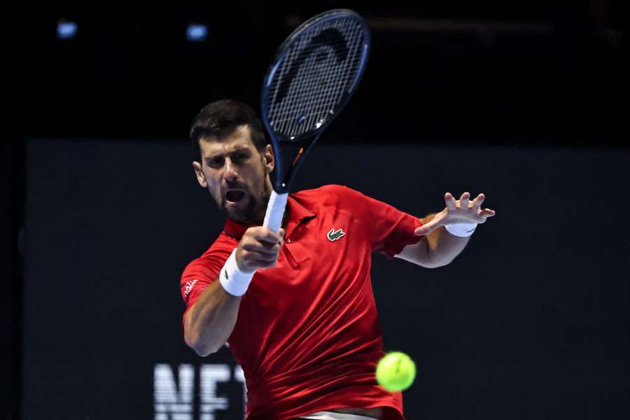 Novak Djokovic hits a return against Taylor Fritz in the Six Kings Slam exhibition match  in Riyadh Novak Djokovic hits a return against Taylor Fritz in the Six Kings Slam exhibition match  in Riyadh