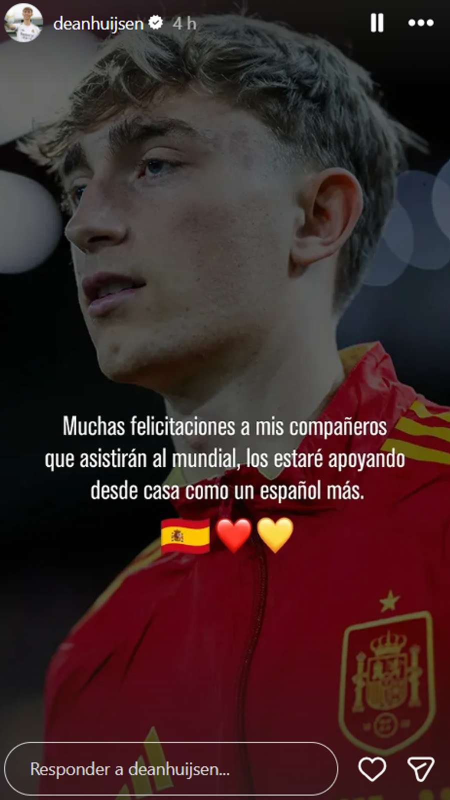 Mensaje de Dean Huijsen en su story de Instagram