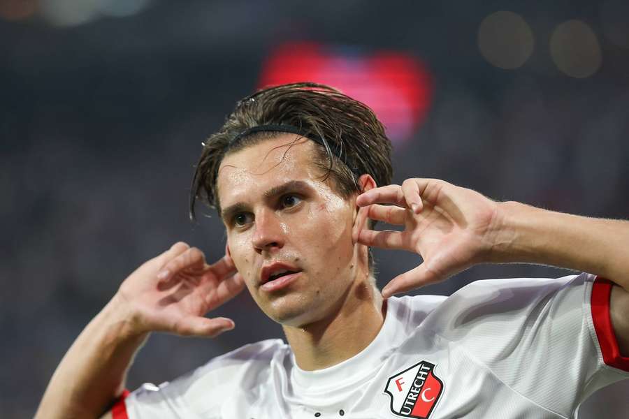FC Utrecht's Victor Jensen celebrates scoring the 2-0 against Servette
