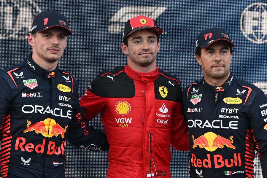 F1 stars Max Verstappen (L), Charles Leclerc (C) and Sergio Perez