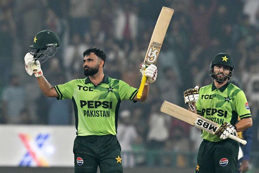 Fakhar Zaman (L) celebrates his century Fakhar Zaman (L) celebrates his century
