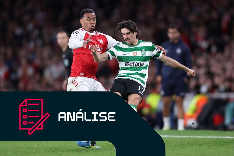 Gabriel, do Arsenal, disputa a bola com Trincão, do Sporting