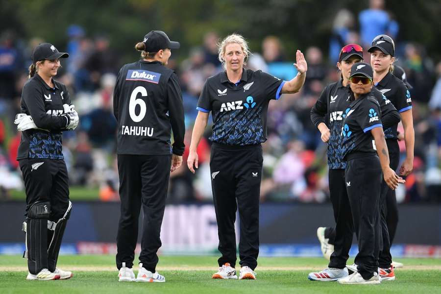 Sophie Devine celebrates one of two wickets taken in her final international in March.