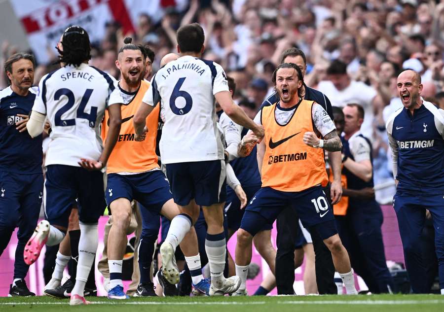 Tottenham Joao Palhinha celebrates scoring their first goal with teammates