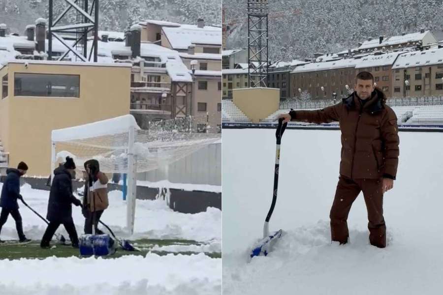 Gerard Piqué, pala en. mano, ayudando a retirar la nieve del campo