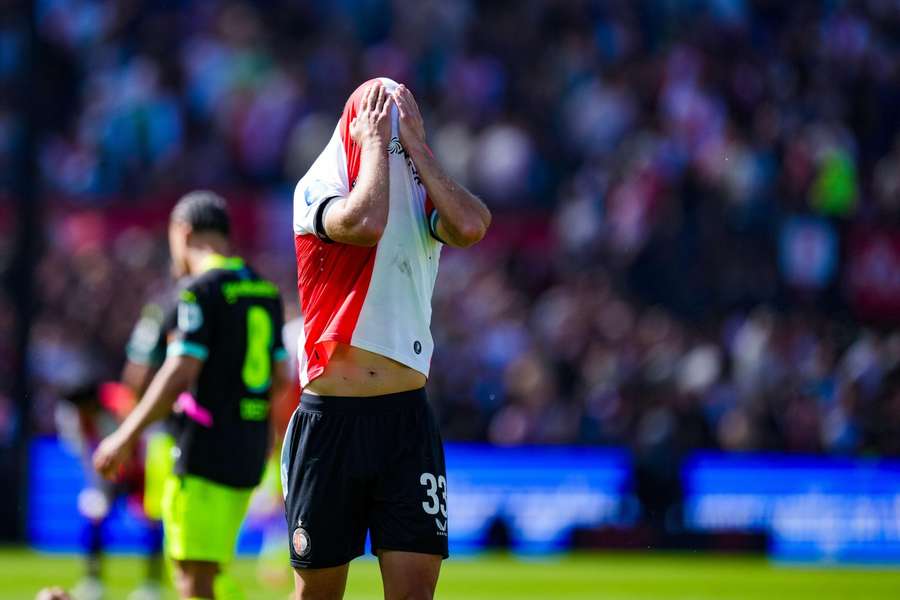 David Hancko acts distraught after conceding a late goal against PSV David Hancko acts distraught after conceding a late goal against PSV