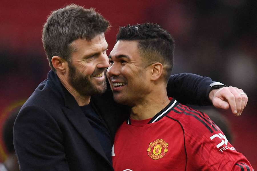 Manchester United interim manager Michael Carrick and Casemiro celebrate after the match