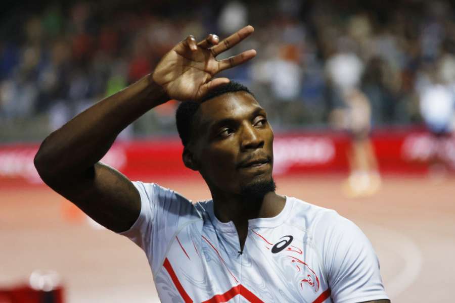 Fred Kerley celebrates winning the men's 100m final at the Diamond League