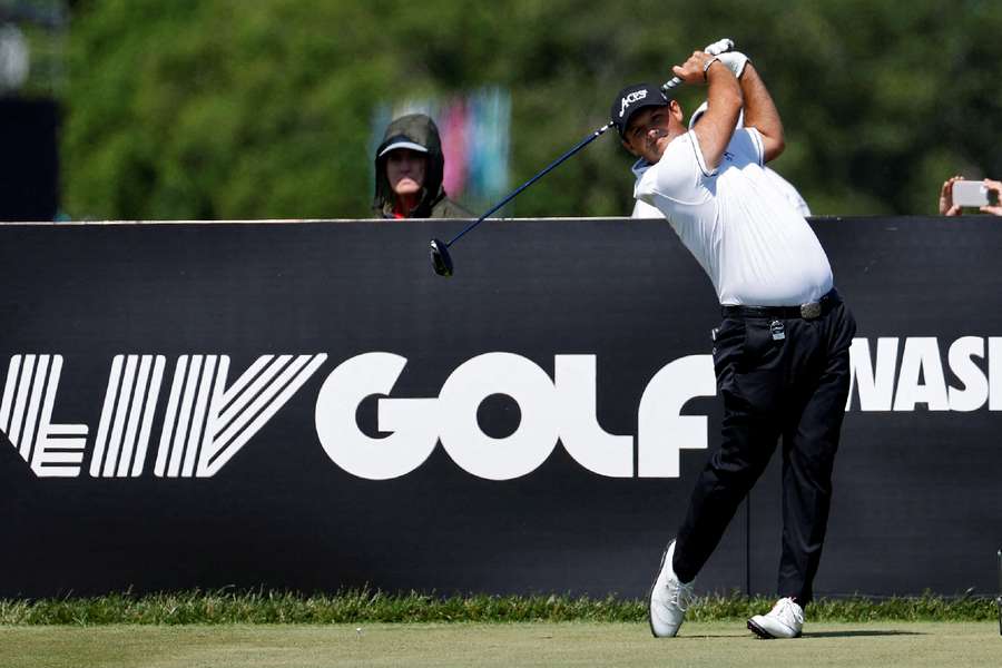 Patrick Reed hits his tee shot on the ninth hole during the Pro-Am tournament as part of the LIV Golf Washington event