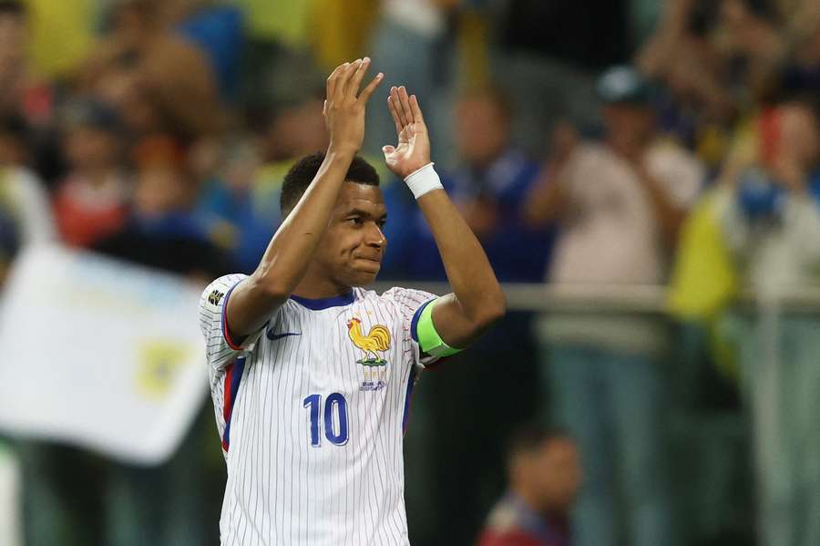 France's Kylian Mbappe celebrates after the win over Ukraine 