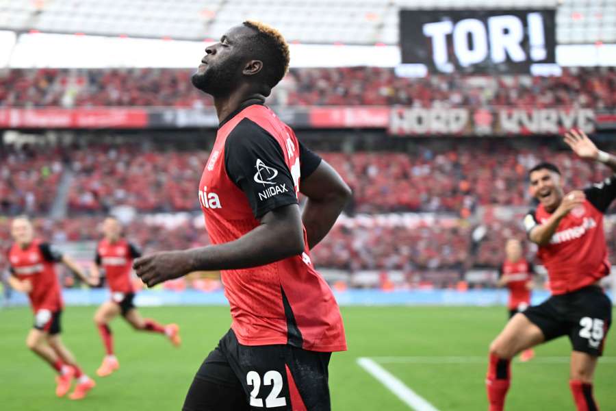 Boniface celebrates scoring the winner for Leverkusen