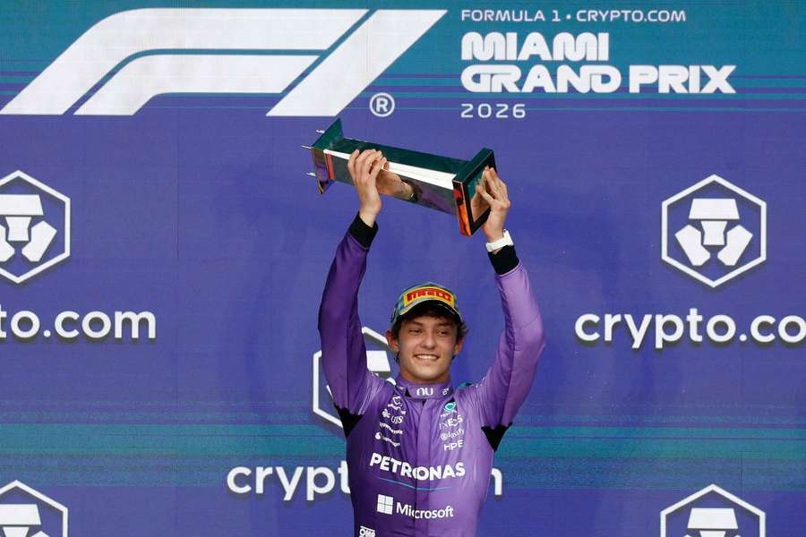 Antonelli celebrates his win