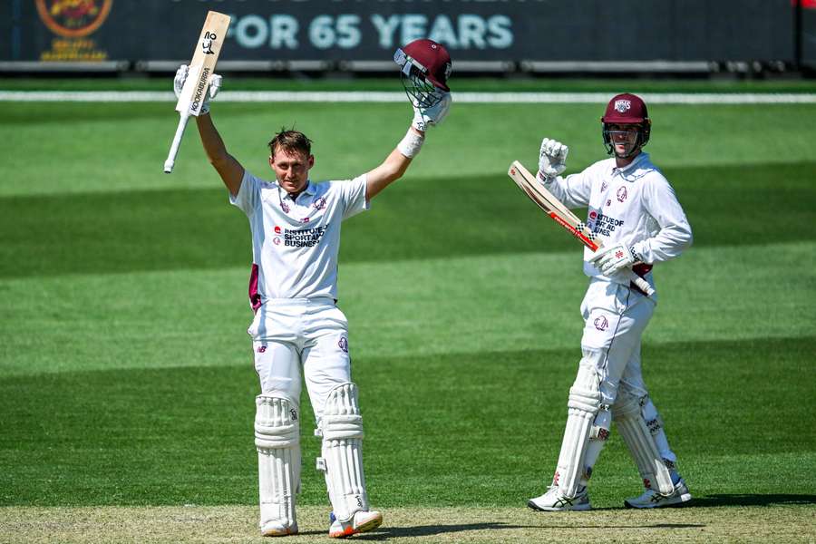 Marnus Labuschagne celebrates his fourth century of this domestic season.