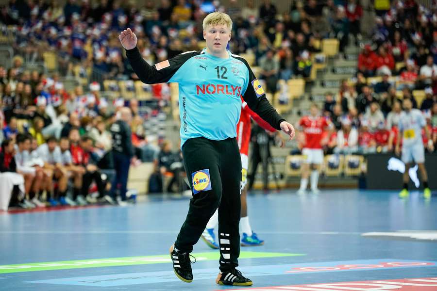 Emil Nielsen under kampen i Golden League Gjensidige Cup mellem Danmark og Spanien i Sotra Arena