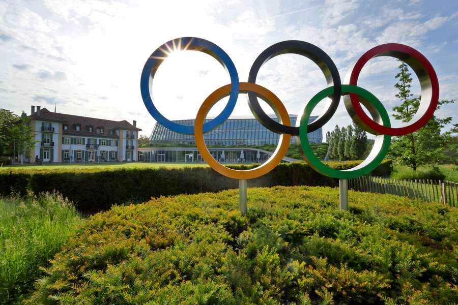 The Olympic rings are pictured in front of the International Olympic Committee (IOC) headquarters in Switzerland