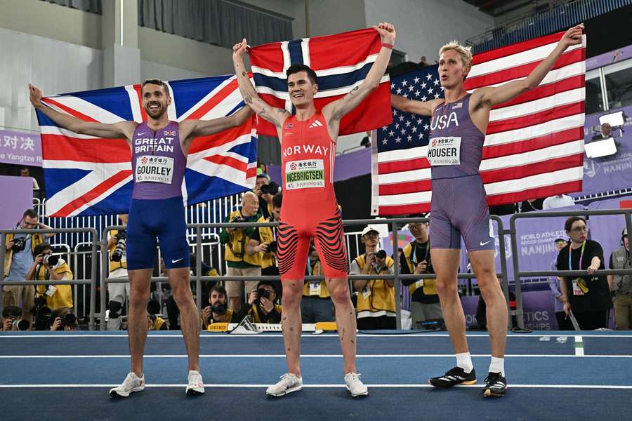 Jakob Ingebrigtsen, Neil Gourley and Luke Houser celebrate after the men's 1500m final Jakob Ingebrigtsen, Neil Gourley and Luke Houser celebrate after the men's 1500m final