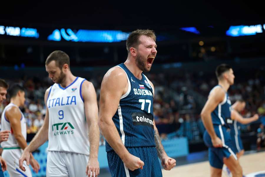 Luka Doncic celebrates against Italy