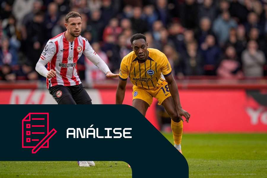 Danny Welbeck, do Brighton, e Jordan Henderson, do Brentford, durante um jogo da Premier League em 2025/26