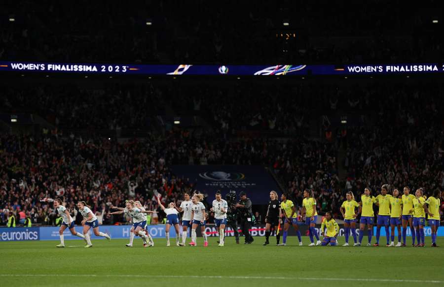 England celebrate after winning the Finalissima at Wembley Stadium England celebrate after winning the Finalissima at Wembley Stadium