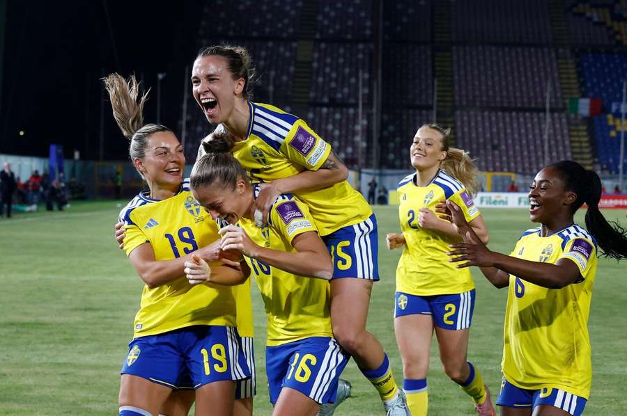 Sweden celebrate Filippa Angeldahl's match-winner