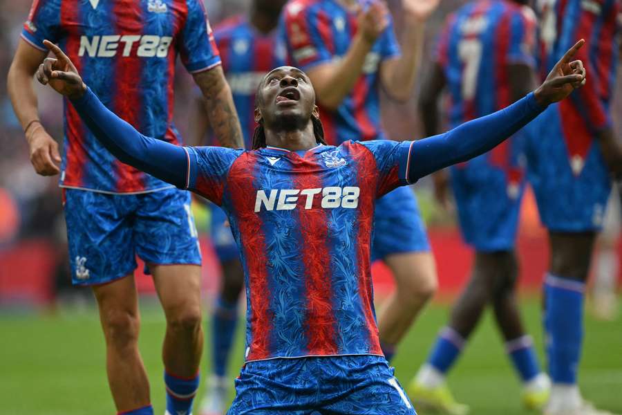 Eberechi Eze celebrates after scoring the opening goal for Crystal Palace at Wembley