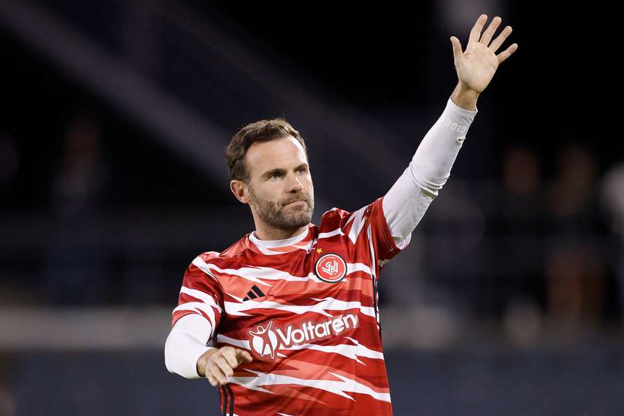Juan Mata warms up before a game between Western Sydney and Macarthur at Campbelltown Stadium.