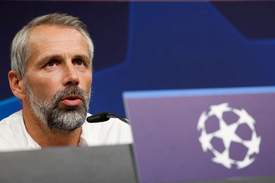 Leipzig's German head coach Marco Rose attends a press conference