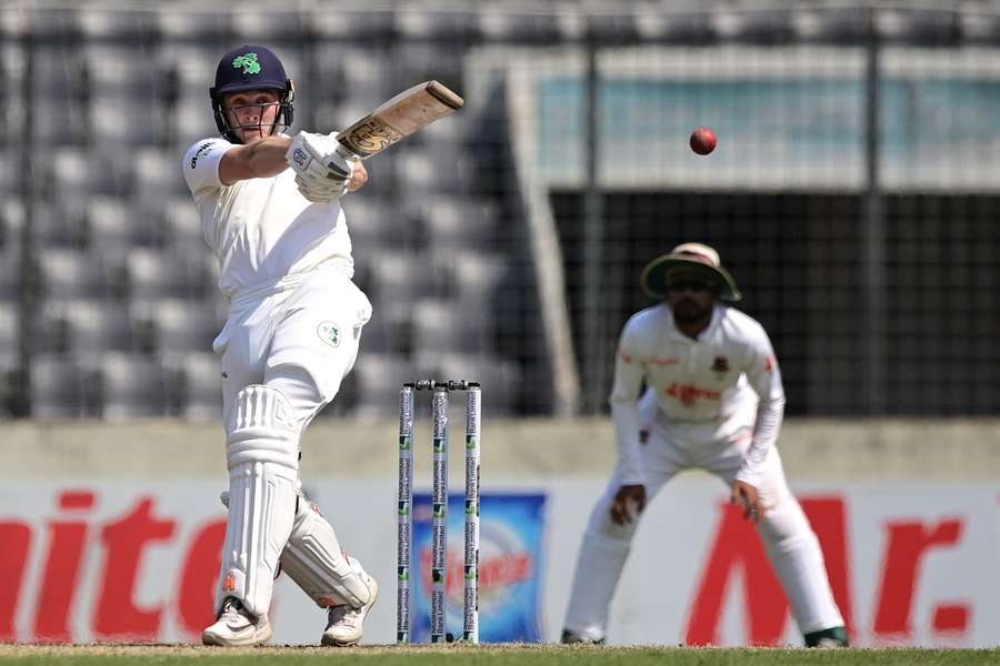 Ireland's Lorcan Tucker plays a shot during the third day of the Test cricket match between Bangladesh and Ireland