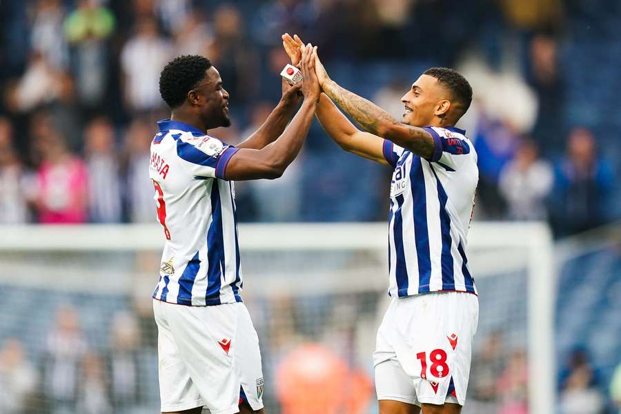 West Brom's Josh Maja and Karlan Grant celebrate their win over Plymouth