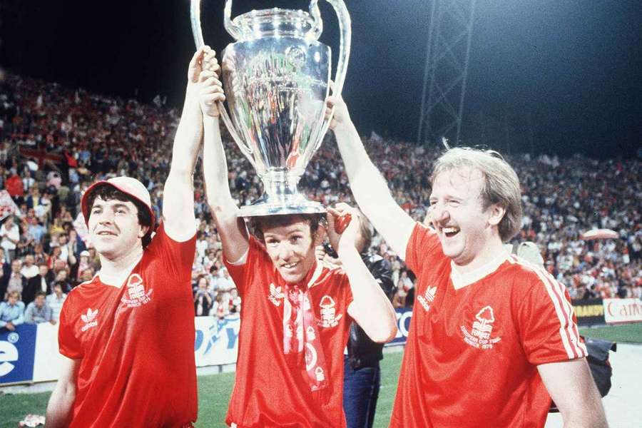 John Robertson, left, alongside Ian Bowyer and Ken Burns after Nottingham Forest's European Cup win in 1979