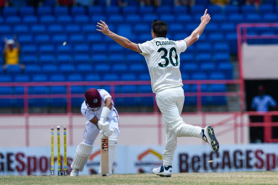 Pat Cummins dismisses Brandon King during Australia's winter tour of the West Indies.