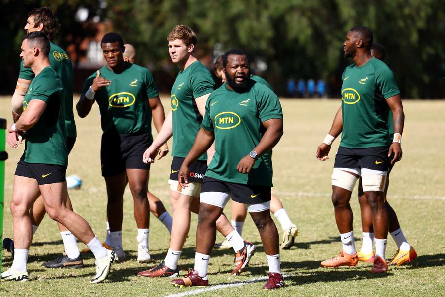 South Africa's Ox Nche with teammates during training