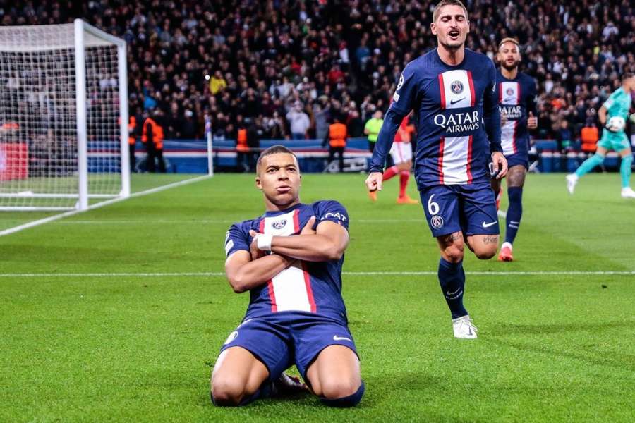 Kylian Mbappe celebrates after scoring against Benfica in the Champions League on Tuesday.