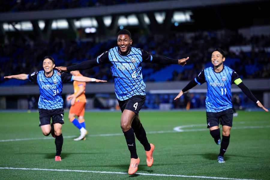 Jesiel of Kawasaki Frontale reacts after scoring in the second half against Shandong Taishan